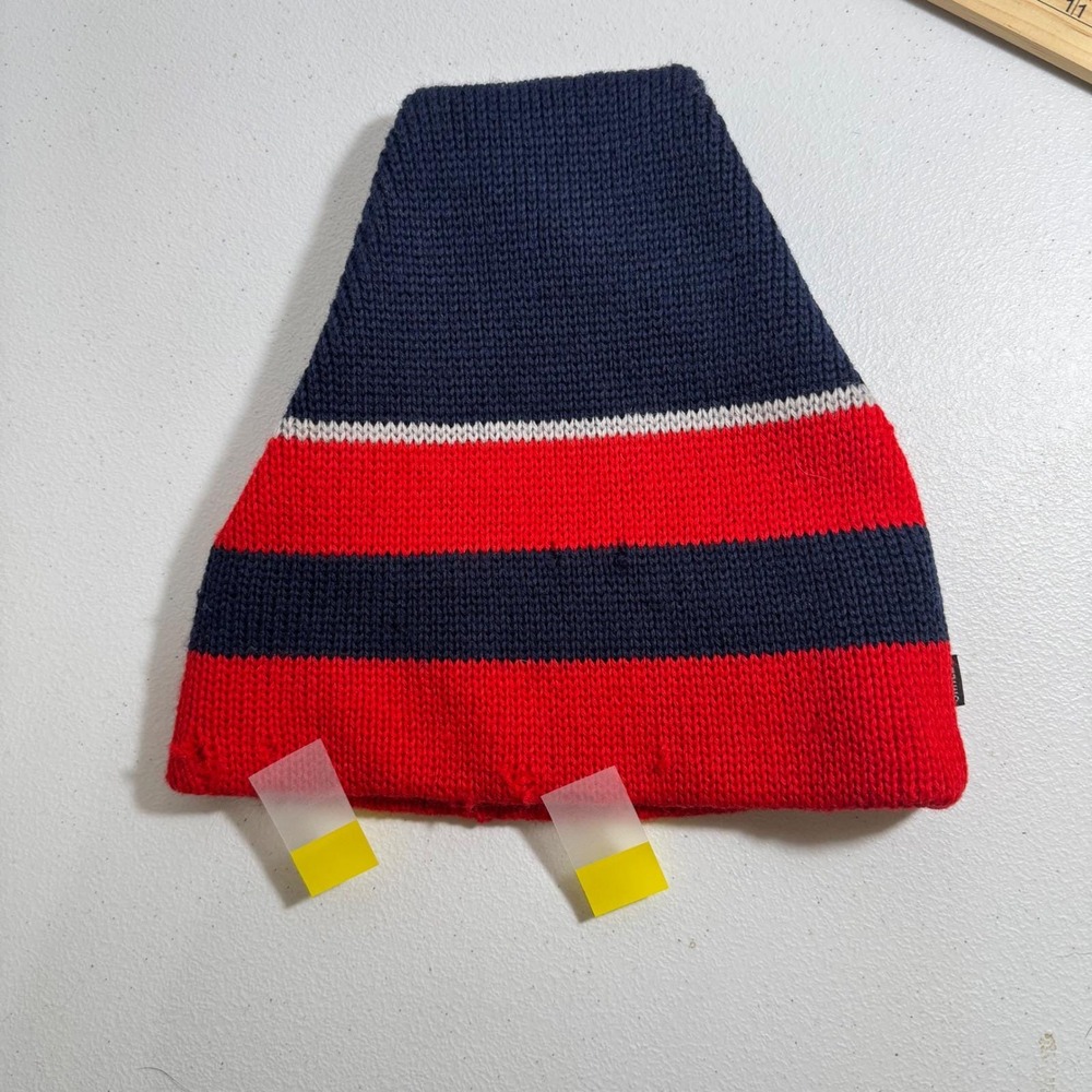 VTG Smiley Beanie Hat Red Navy White Stripe Wool‎ Blend Knit Winter Warm USA